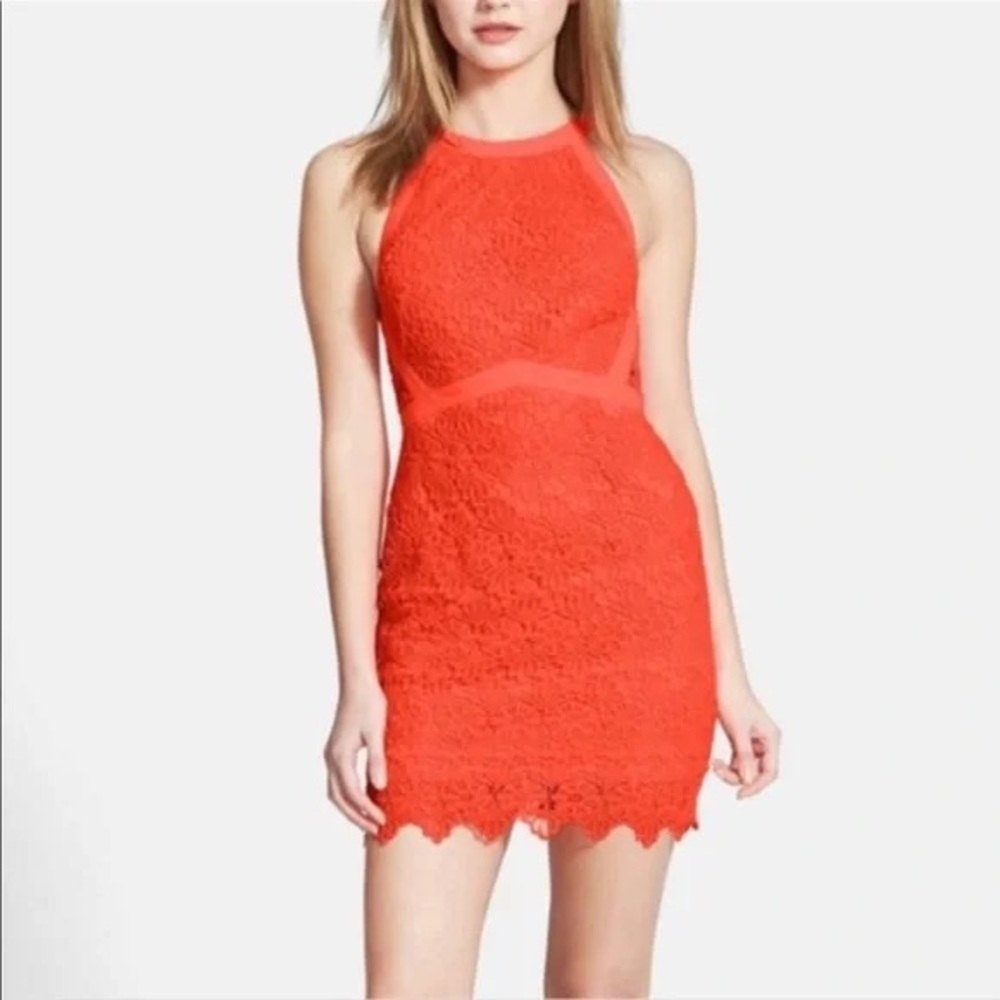 ASTR Neon Orange/Pink Lace Crochet Sleeveless Fitted Mini Dress
